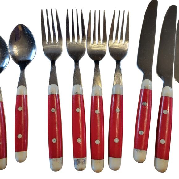 Retro Vintage Cambridge Flatware Set Red White Dot Handles Stainless Steel 12 Pc - Picture 3 of 13